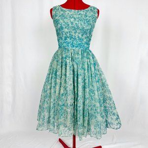 1950s Garden Party Floral Dress with Back Bow, full skirt and Shirred Top